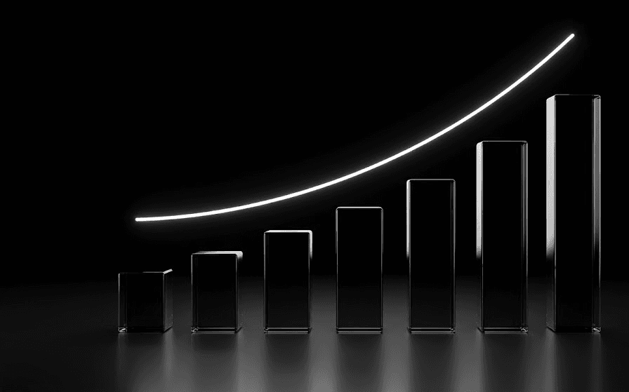 Rising glass bar chart with a glowing growth curve — SEO, social media and digital marketing